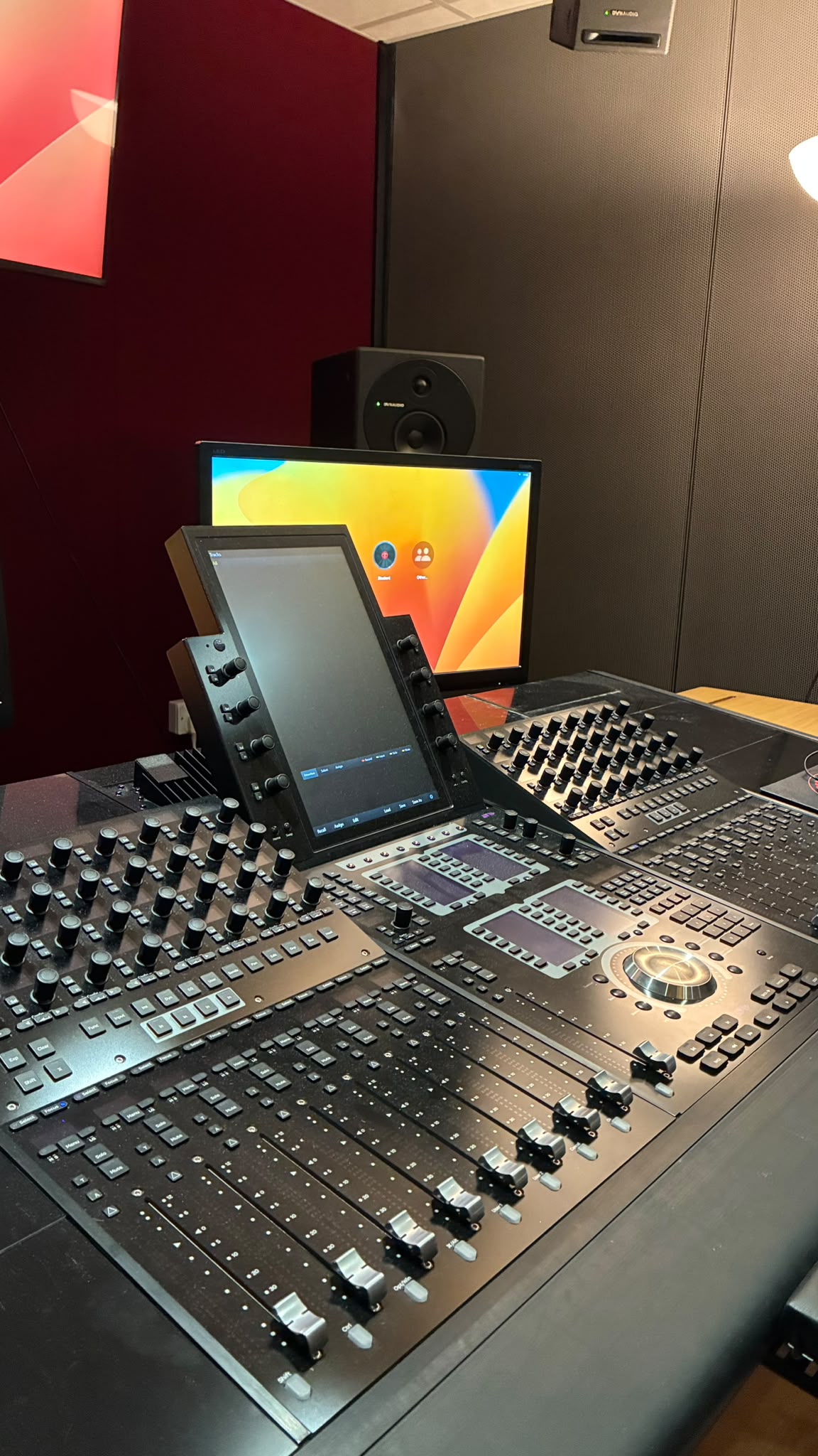 Close-up of the Avid S4 console and nearfield monitoring.